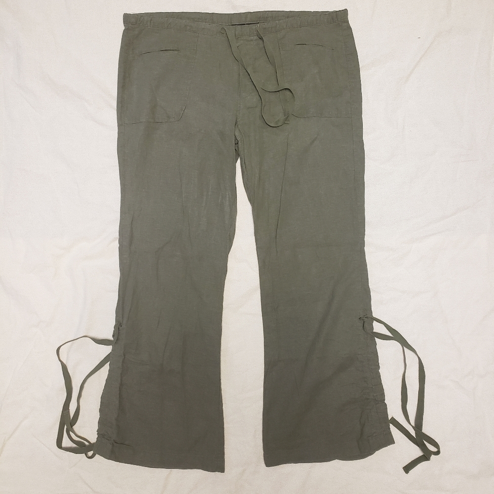 Y2k Linen Cinched Leg Pants Womens Small Olive Green Summer Beach Resortwear